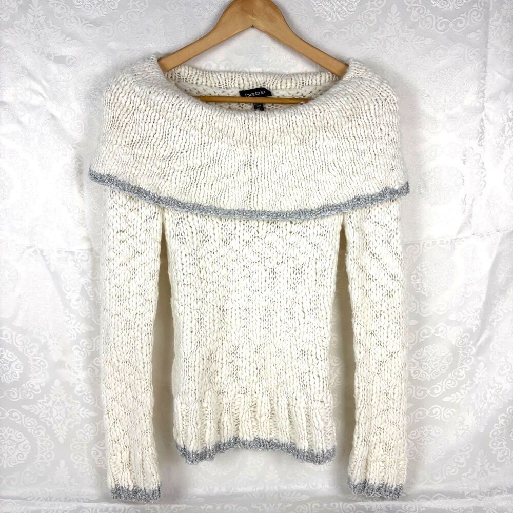 Y2K Bebe Sweater Foldover Wool Chunky Knit Metallic Balletcore Coquette Small